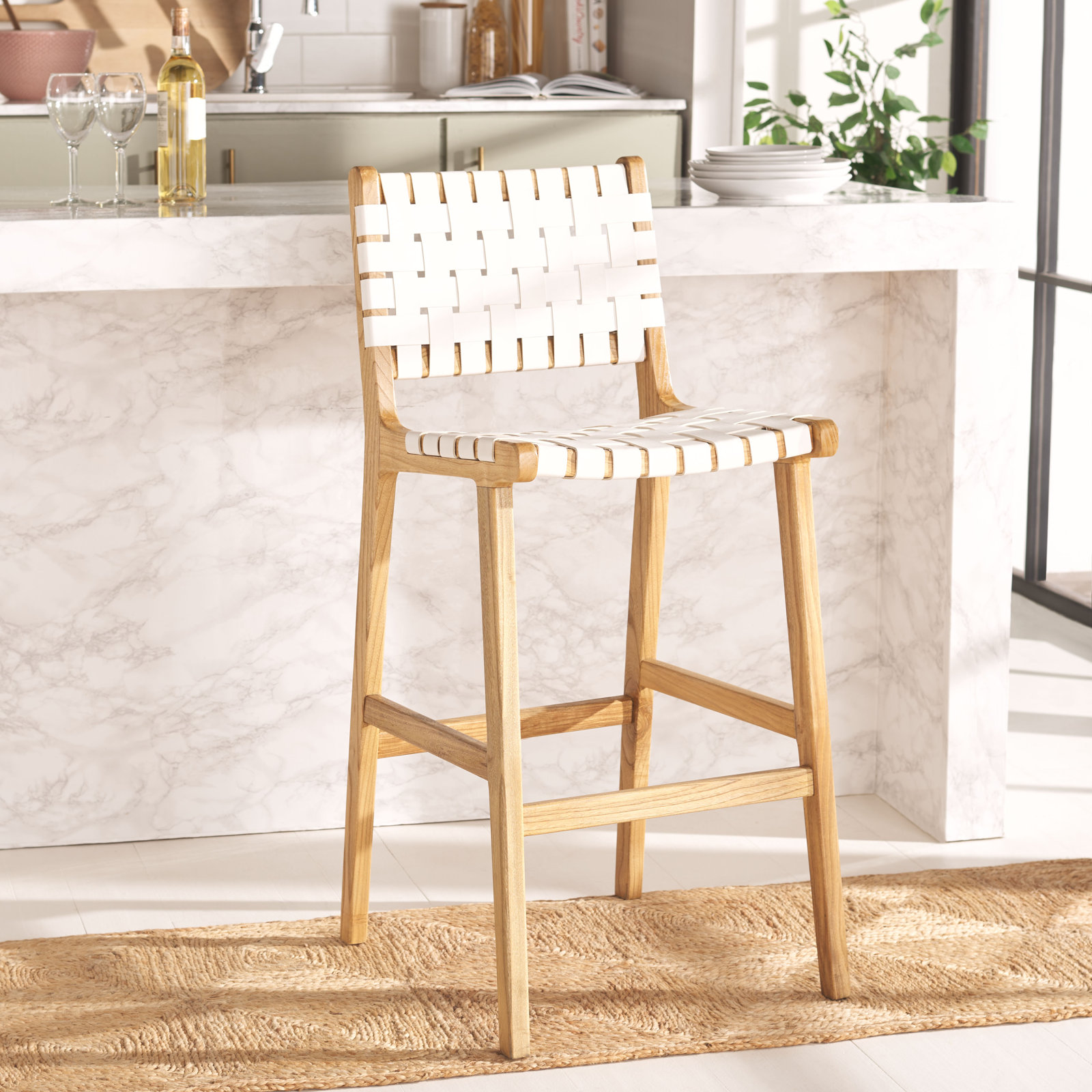Alston Leather Stool, Bar Stool (29.70" Seat Height), White Leather/Natural Frame