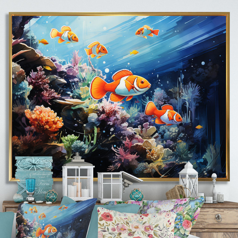 Aquariums, merveilles marines - impression, Cadre flottant doré, H 30 po x l 40 po x P 1,5 po