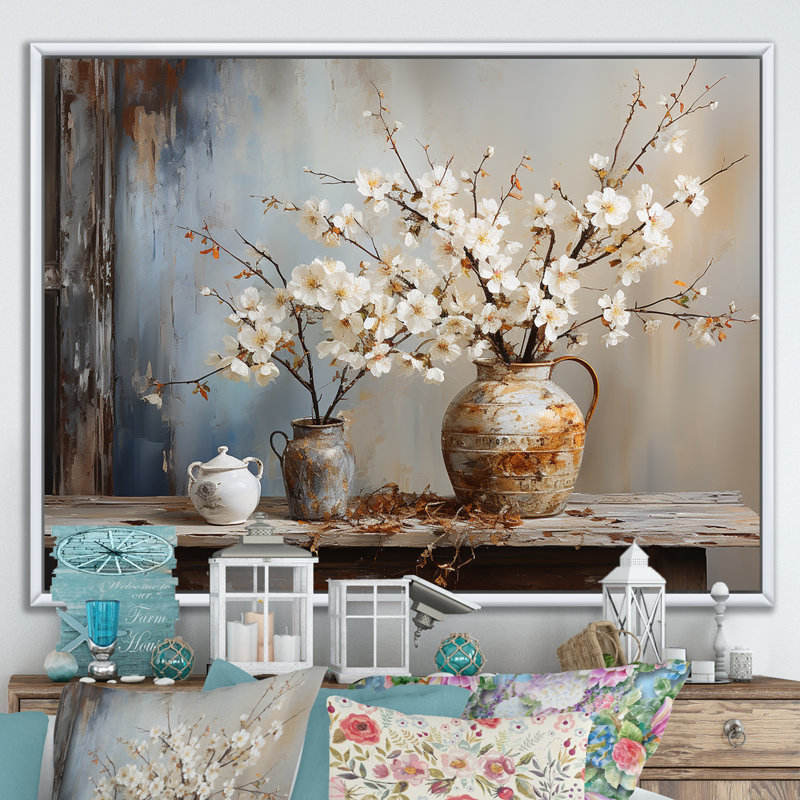 Art mural, poterie et fleurs, Cadre flottant blanc, H 30 po x l 40 po x P 1,5 po