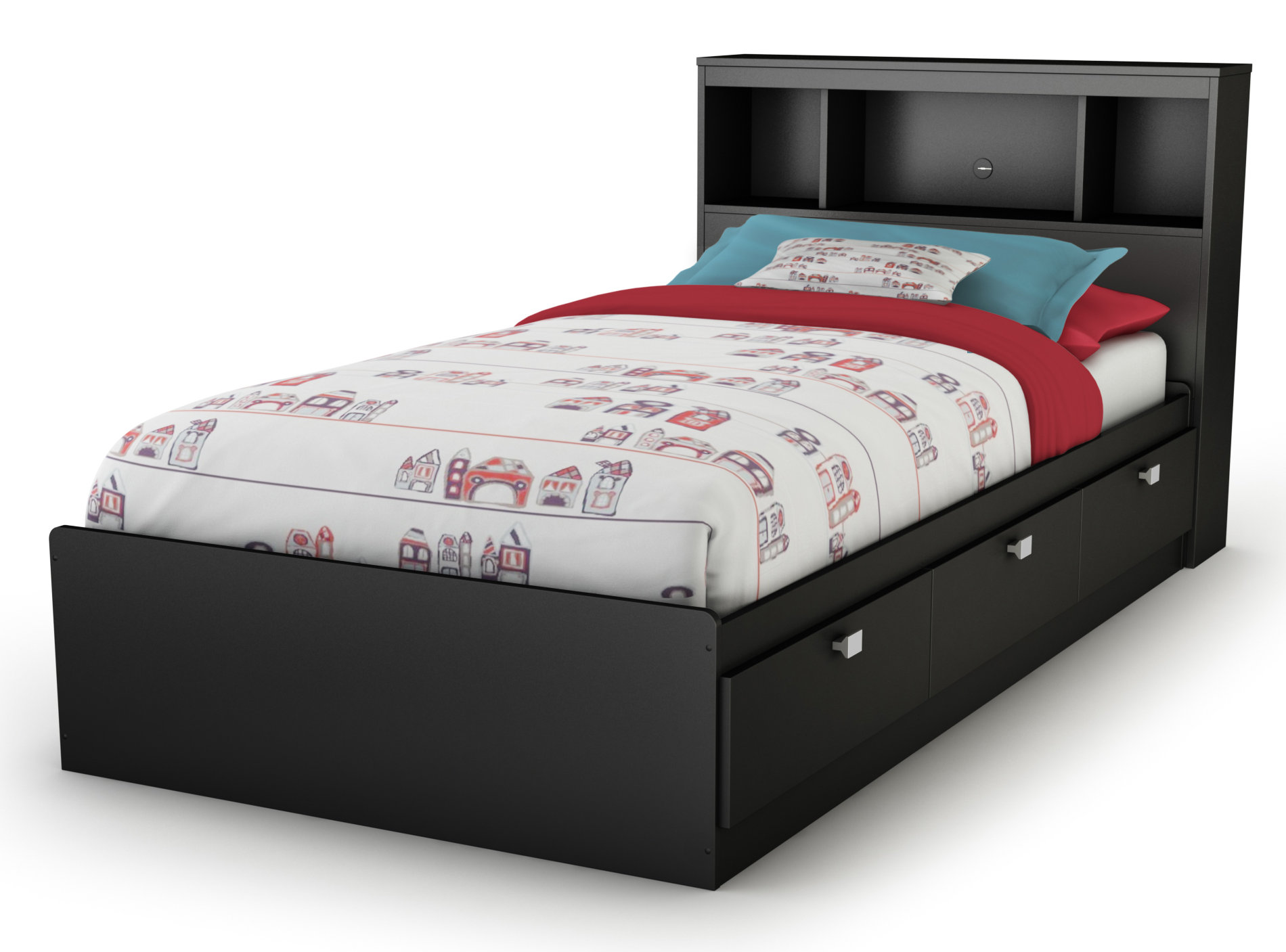 Spark Mates Bed with Drawers and Bookcase Headboard Set Twin Pure Black South Shore