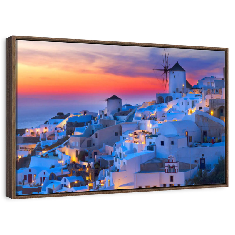 Lumières de Santorin, 37 po x 25 po, Cadre flottant noyer