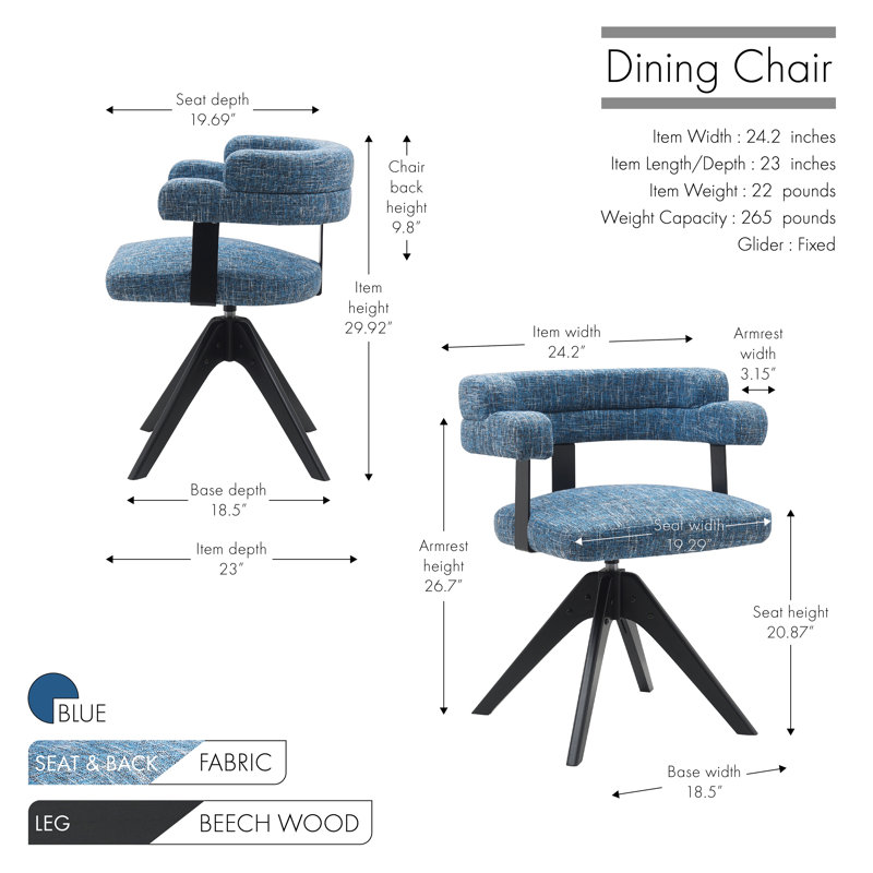 Chaise pivotante rembourrée en tissu Mira, Bleu, 1