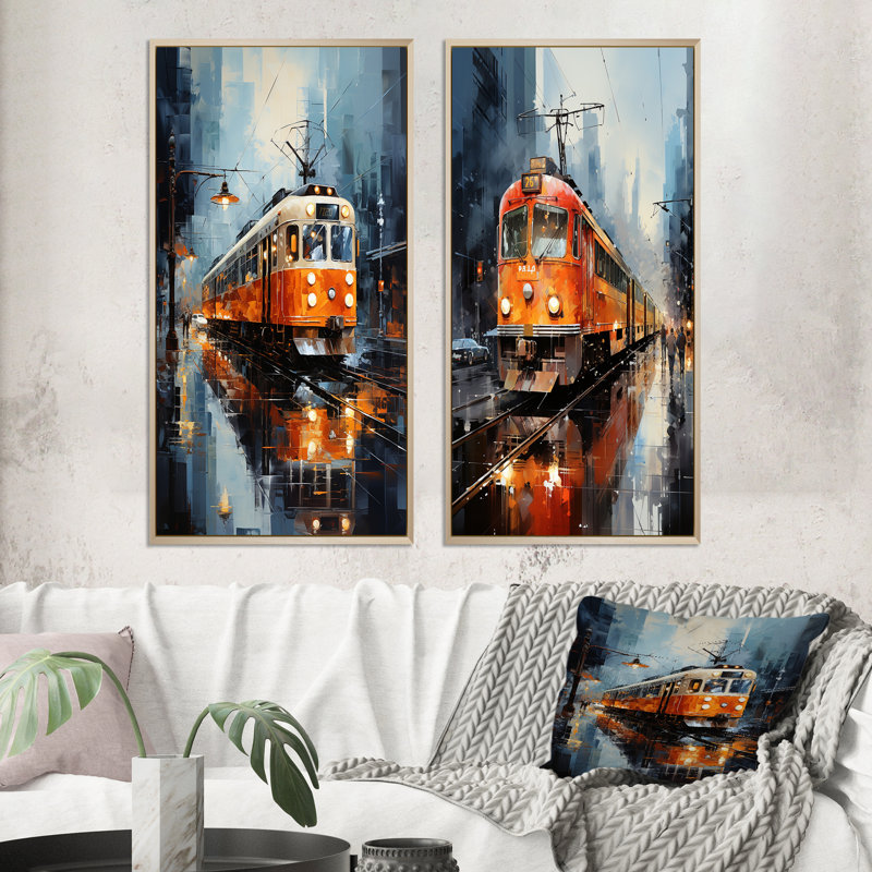 " Orange White Train Journey " 2 - Pieces, Brown Framed, 32" H x 32" W