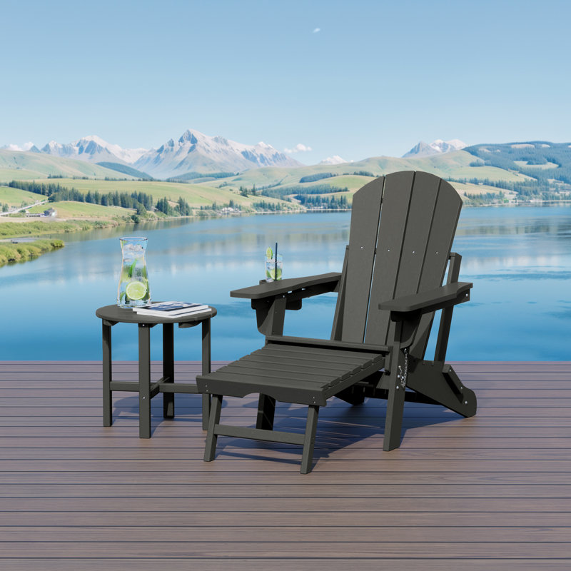 Outdoor Folding Adjustable Adirondack Chair With Hideaway Ottoman & Round Side Table, Gray