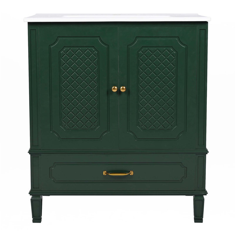 Meuble-lavabo 30 po avec lavabo style rétro, Vert foncé, Doré