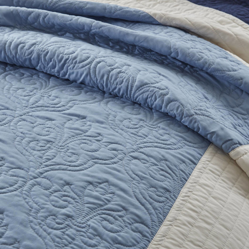 7 pièces courtepointe réversible double / grand avec taies décoratives assorties - bleu marine, bordure solide, matériau en microfibre pour l'euro et oreillers de conception traditionnelle, facile d'entretien