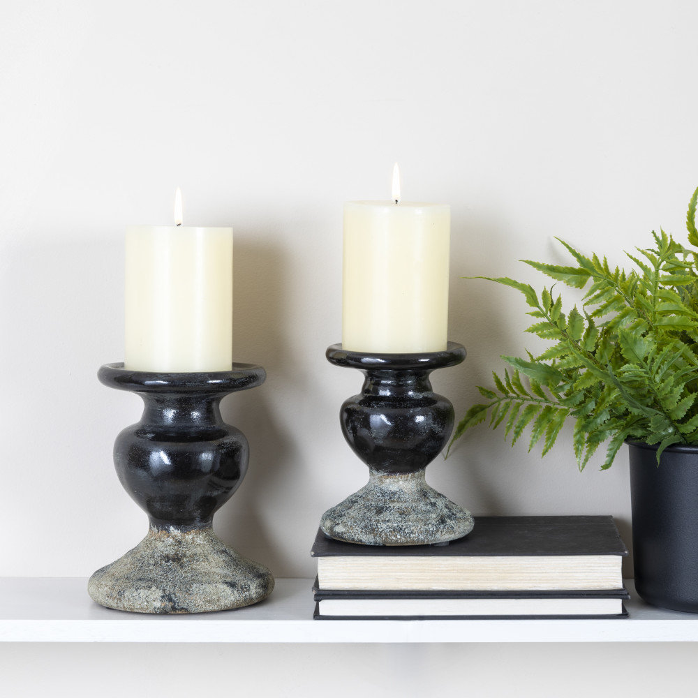 Waikiki Earthenware Tabletop Candlestick, 5.3" H x 4.5" W x x 4.5" D, Black/ Distressed Gray