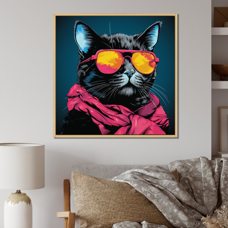 Chat froid avec des lunettes de soleil jaunes sur toile, Cadre flottant brun, H 24 po x l 24 po x P 1 po