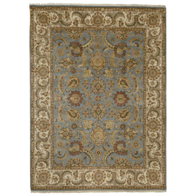 Tapis bleu clair et ivoire noué à la main de haute qualité