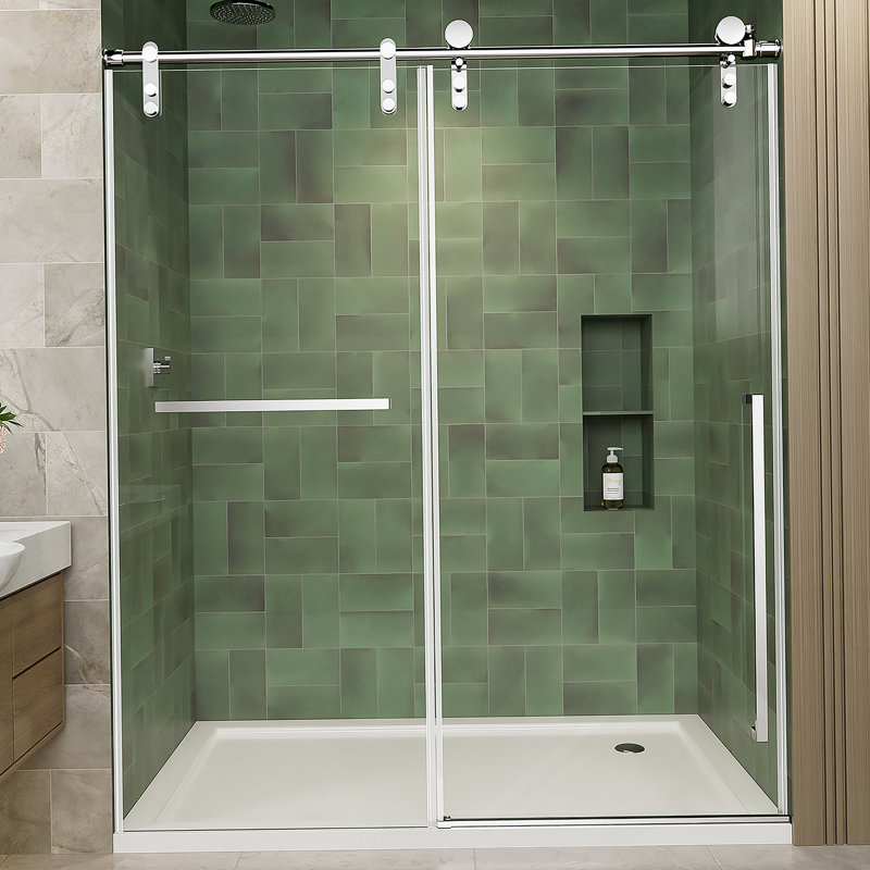 Porte de douche coulissante sans cadre, écran de douche, verre trempé transparent avec film antidéflagrant, Nickel brossé