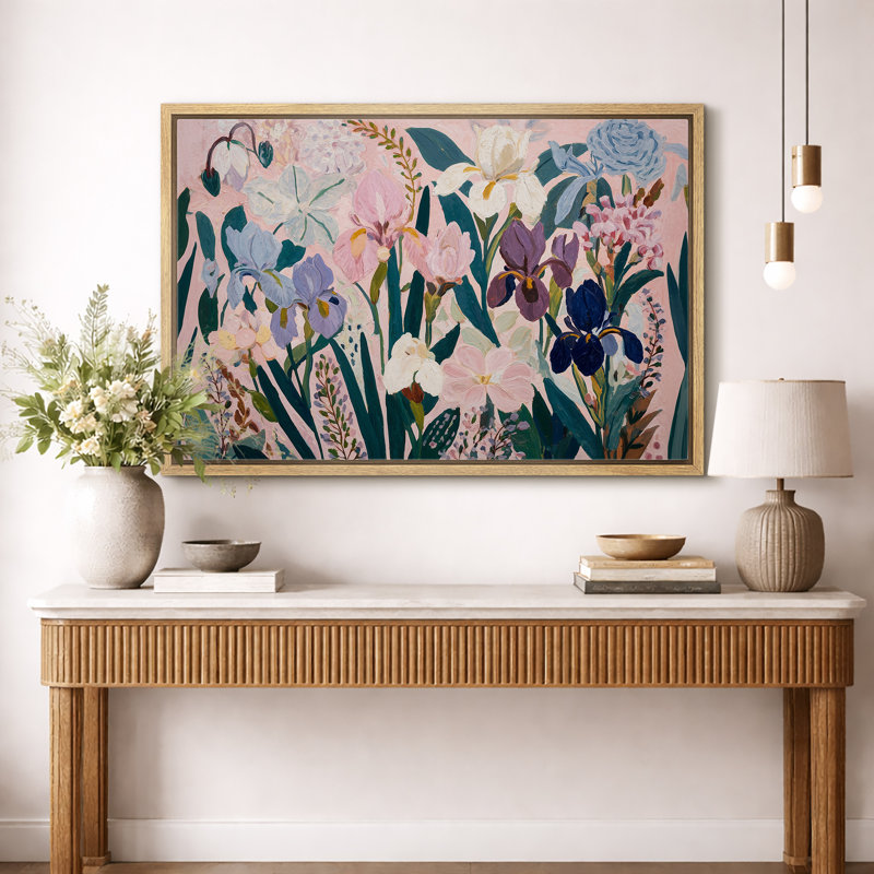 «Blush Pink Iris», reproduction d'art sur toile encadrée, impression sur toile, Cadre naturel, H 16 po x l 24 po x P 1,5 po
