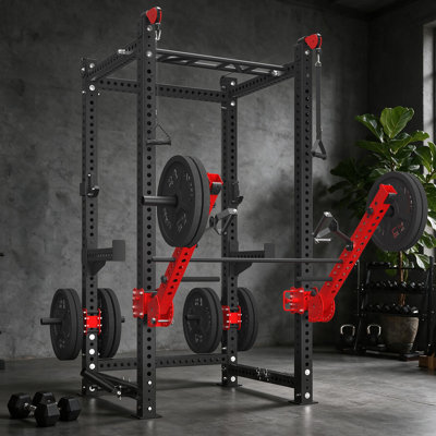 Commercial Multi-Function Power Cage, Power Rack with Dual Independent Cable System, Swivel Arms for Home Garage Workout