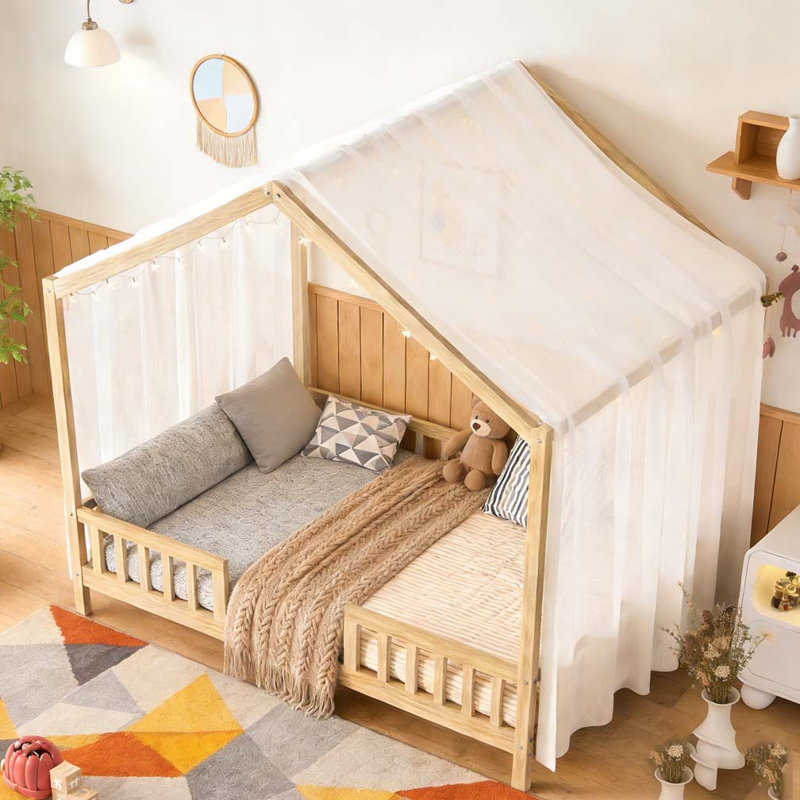 Lit sur pied avec auvent, cadre de lit double, Naturel, Lit double