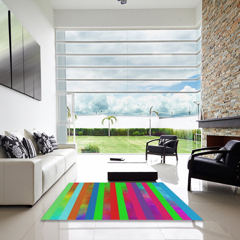 Tapis rayé rouge / vert / bleu Elloree, Carré 4 pi