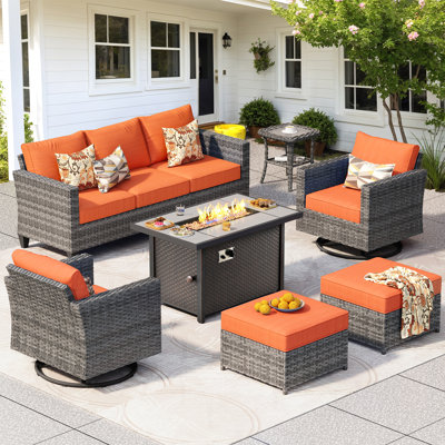7- Person Patio Furniture Set With Swivel Rocker, Outdoor Wicker Rattan Seating Group With Cushions, All Weather Sofa Conversation Set With Fire Pit Table For Garden Backyard