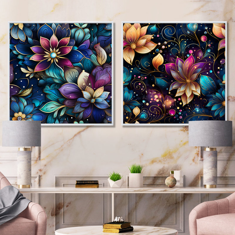 Motif bohème marocain - ensemble de 2 reproductions d'art botaniques abstraites, Cadre blanc, H 30 po x l 61 po x P 1 po