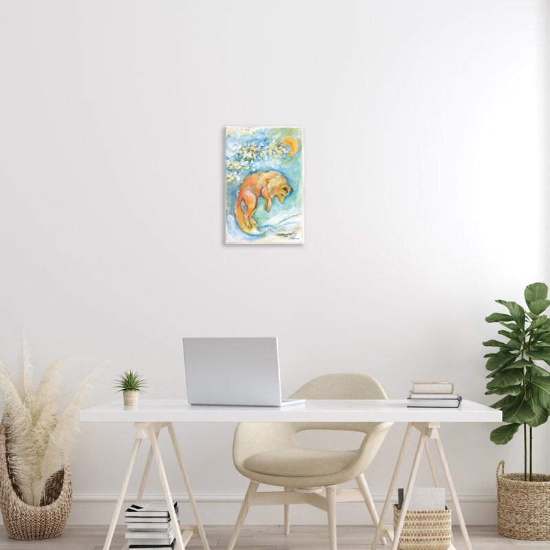 Art mural, "Saut de renard avec lune" par Jessica Mingo, H 15 po x l 10 po