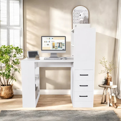 Computer Desk With 4-In-1 Socket & 3 Drawers, 4-Tier Storage Shelves, Carbonized Wood Finish Laminate For Home Office, Study, Bedroom