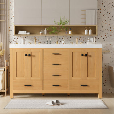 Bathroom Vanity With Solid Wood Frame, MDF Cabinet, Double SMC Resin Sink, Soft-Close Doors And Drawers, 4 Doors, 5 Drawers, Adjustable Shelves, Black Handles