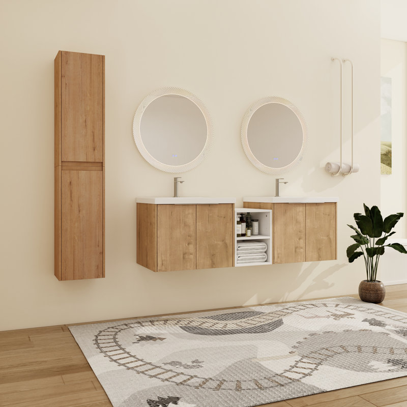 Eskar 60'' Wall-Mounted Double Bathroom Vanity With Resin Vanity Top & Side Cabinets, 60"