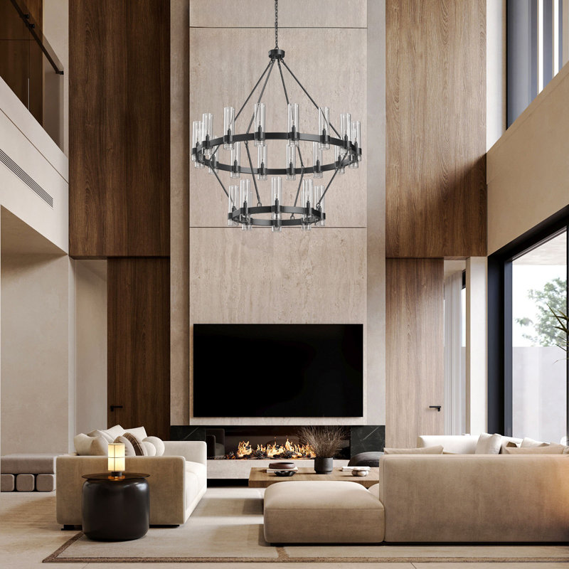 24-lights Chandelier,wagon Wheel Chandelier With Glass Shade, Matte Black