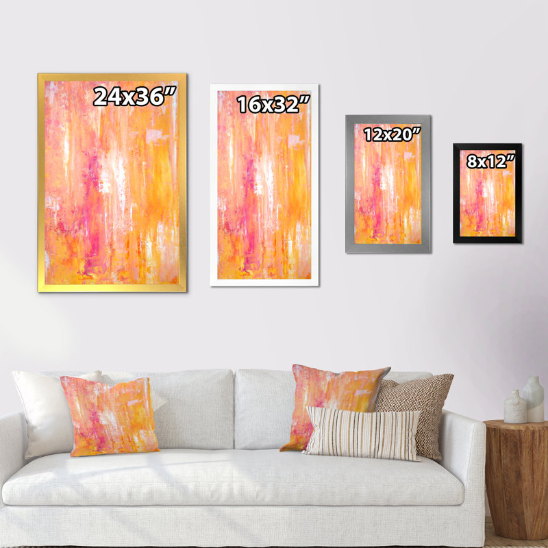Champs de couleurs dans des tons d'orange et de rose - peinture sur toile, H 32 po x l 16 po x P 1 po, Cadre doré