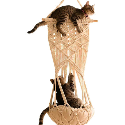 Macrame Cat Hammock Hanging Bed - Boho Wall Swing With Catnip Cushion For Wall Climber & Window Perch - Hardware Kit Included