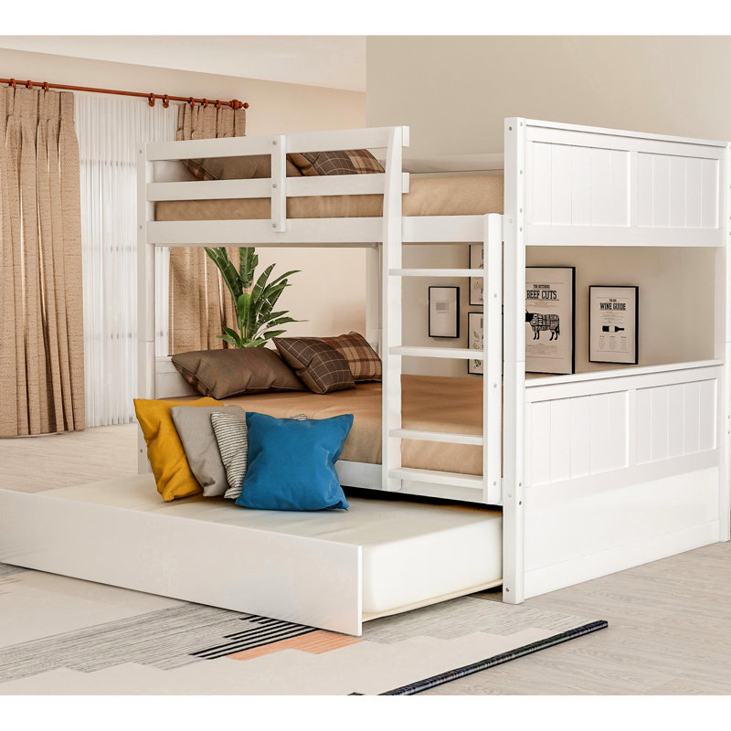Lit double superposé blanc avec lit gigogne extensible, Blanc