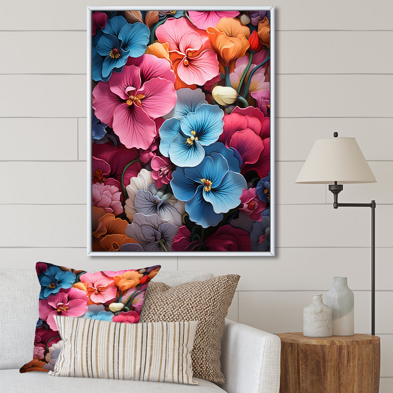 Neon fantaisie tropicale Pansys II, Cadre flottant blanc, 40" H x 30" W