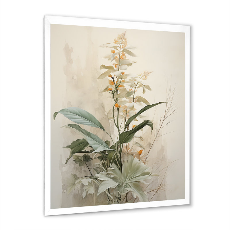 «Beige minimalisme botanique sérénité II», reproduction sur toile, Cadre simple blanc, H 32 po x l 16 po x P 1 po
