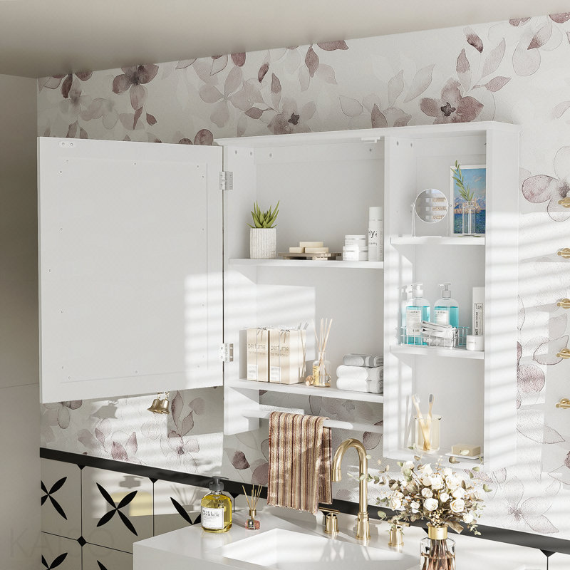Armoire de rangement murale pour salle de bain, armoires à pharmacie avec grande porte miroir, tablettes réglables et trois niveaux de rangement ouverts (meuble-lavabo non inclus)
