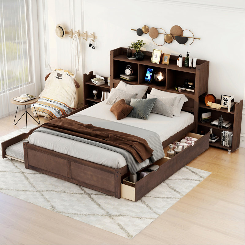 Cadre de lit moderne pour chambre à coucher, chambre d'amis, lit plateforme avec rangement, lit gigogne simple et 2 tiroirs