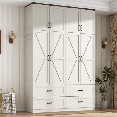 94"H Tall 4 Doors Armoire Wardrobe Closet with Top Cabinet & Drawers, Farmhouse Wooden Storage Cabinet with Sensor LED Light & Barn Doors, Extra Tall Clothing Organizer for Bedroom, Antique White