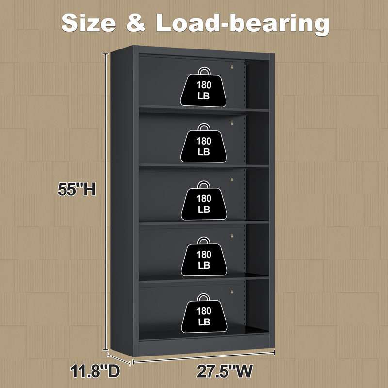 Bookcase,5 Tier Black Bookshelves,55" Tall Free Standing Metal Bookcase with Adjustable Storage Shelves, Industrial Wide Bookshelf for Bedroom Living Room Home Office School (Black)