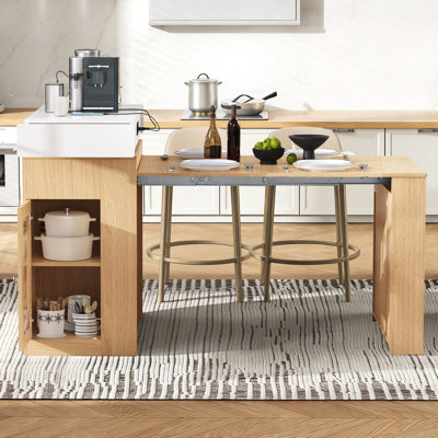 57.7" Kitchen Island With Extendable Top On Wheels, Kitchen Dining Table, Bar Table With Drawers And Power Outlet For Kitchen And Dining Room