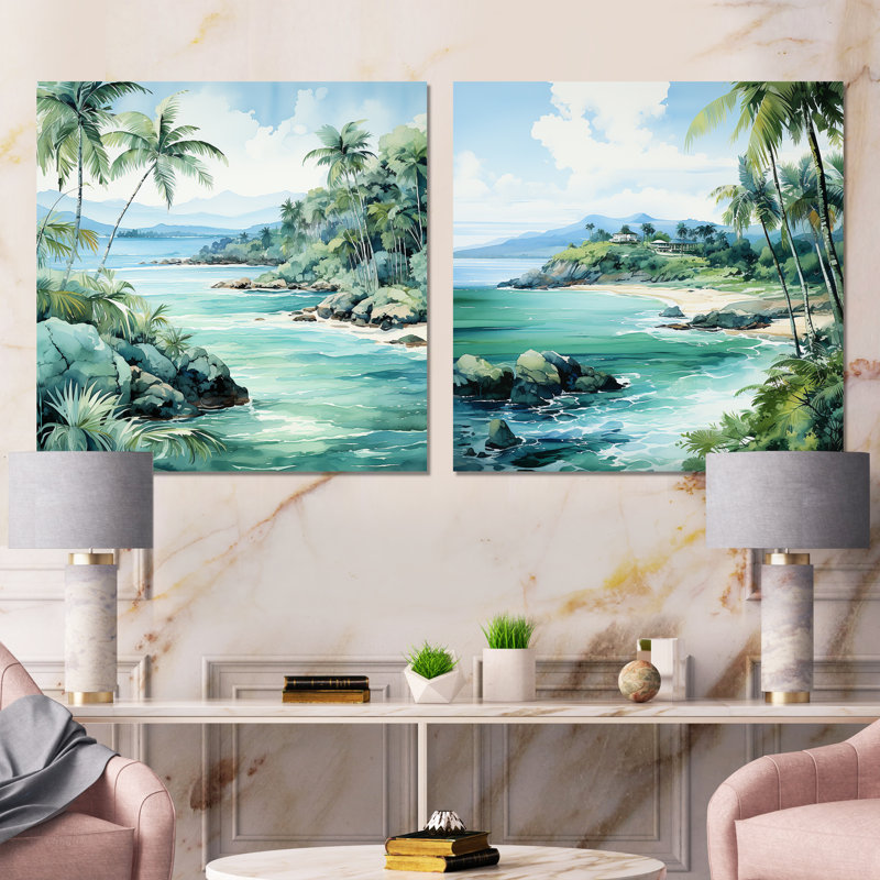 Tropical Beach Escape I - ensemble de 2 reproductions d'art mural bord de mer tropical, Toile tendue