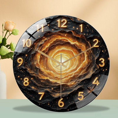 Clock Face With Cosmic Golden Tunnel Art - 12'' Modern Glass Wall Clock