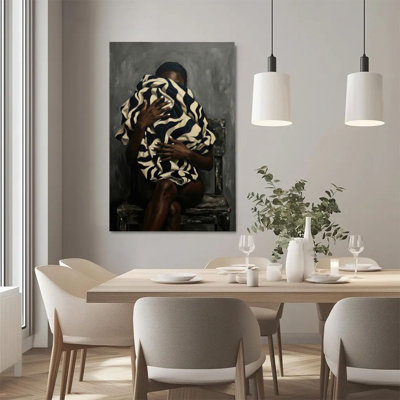 1Pc Framed Canvas Poster Print African American Woman, Black and White Striped Shawl, Realistic Portrait Style Wall Art Decor, Perfect for Room Decor Living Room Bedroom Office Kitchen Bathroom Home Decor, Ideal Home Wall Decoration Gift