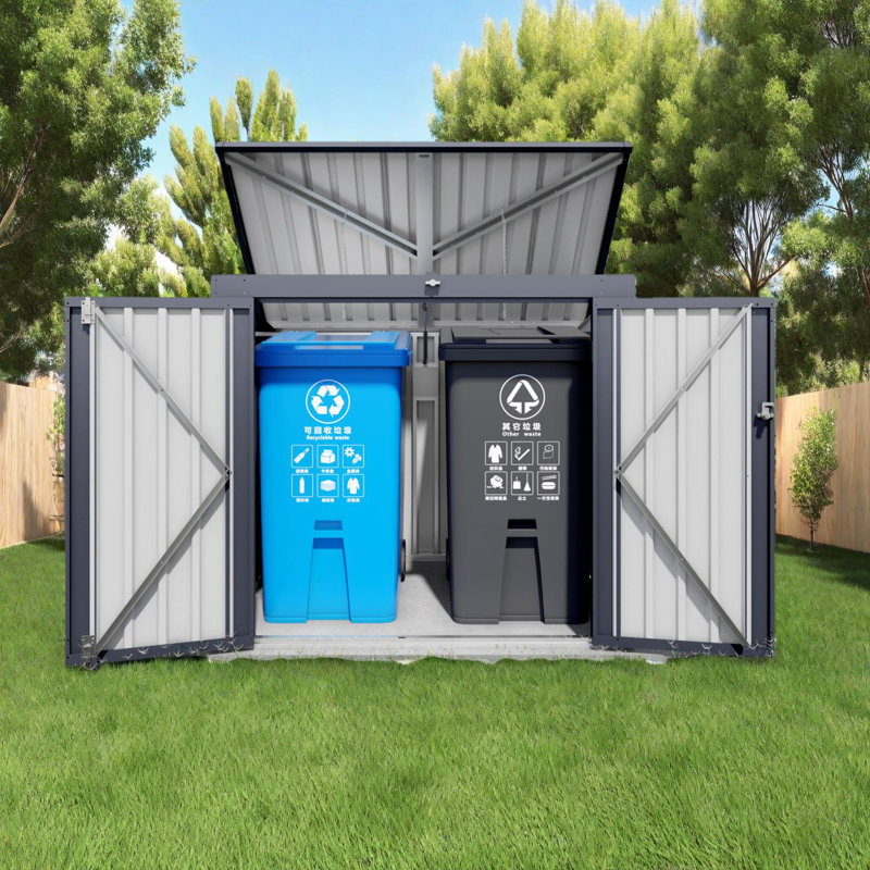 Remise à déchets extérieure en métal avec couvercle relevable et portes doubles pour 2 poubelles, armoire de rangement de jardin