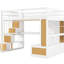 Lit mezzanine double blanc et naturel avec bureau, tablette, tablettes de grand espace, rangement design