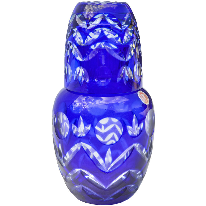 Ensemble de carafe et de verre coupés à la main en cristal bleu Mid Mid Century Century - 2 pièces