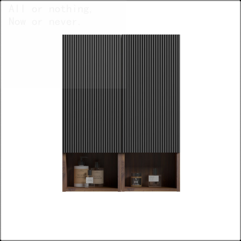 Armoire de rangement murale avec conception sans poignée, 2 portes, Noir + noyer foncé