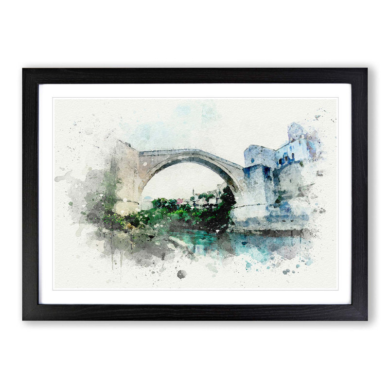 Stari Most Old Bridge in Abstract - Picture Frame Graphic Art Print, Black Framed, 62cm H x 87cm W x 2cm D