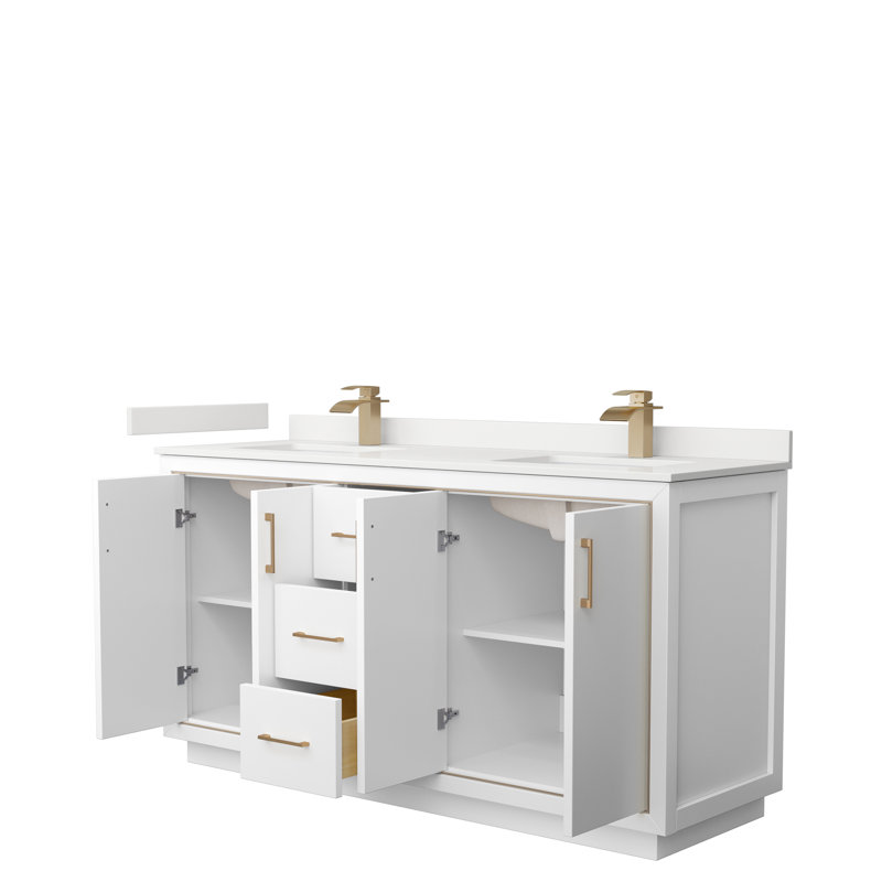 Meuble-lavabo double autoportant 66 po avec plateau en quartz 66 po, WDX13321, Blanc, Noir mat