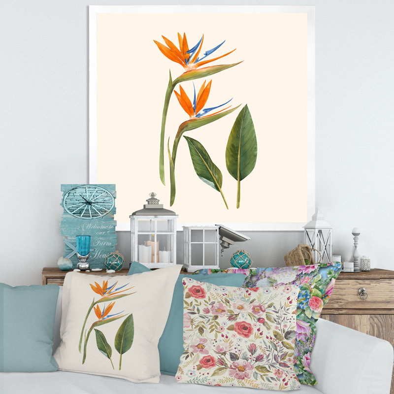 Fleurs de strelitzia rétro - impression sur toile, H 16 po x l 16 po x P 1 po, Cadre photo blanc