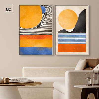 Geometric Sun Duo Canvas Print Modern Abstract Art Set by Art Remedy, Black Frame, 10 x 15