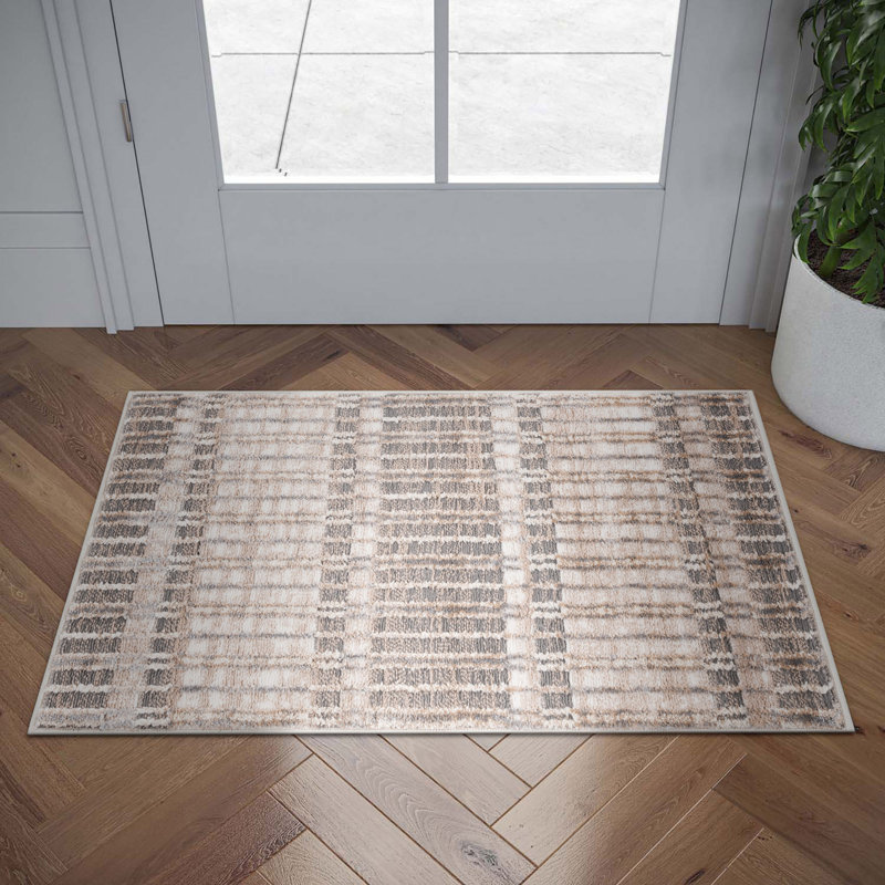 Tapis d'intérieur contemporain beige beige, Rectangulaire 2 pi x 3 pi