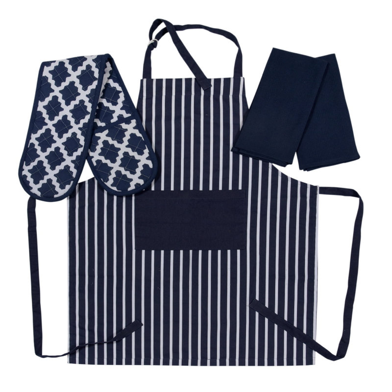 Brambly Cottage Hoppe Striped 100% Cotton Potholder & Oven Mitt Set, Navy