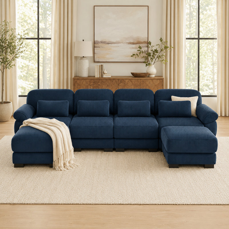 Canapé modulaire en U à 4 places avec 2 repose-pieds Burwell Cloud Couch, Bleu