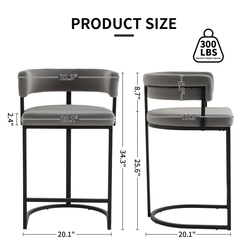 Modern Velvet Bar Stools With Barrel Backrest, Upholstered Seat, And Metal Footrest – 25.6-inch Seat Height, Ideal For Counters, Home Bars, And Kitchen Islands